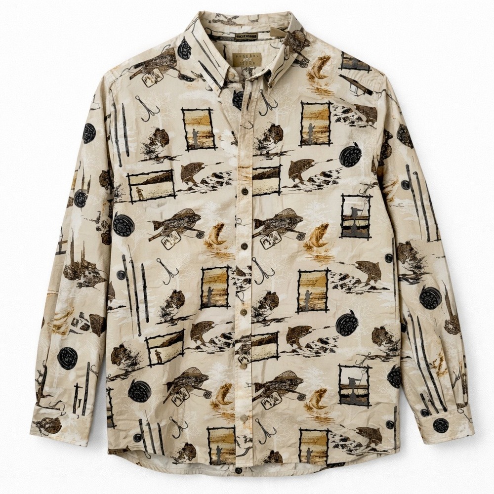 Natural Issue Fishing Print Shirt Small Tan 100% Cotton Trout Nature Novelty Men